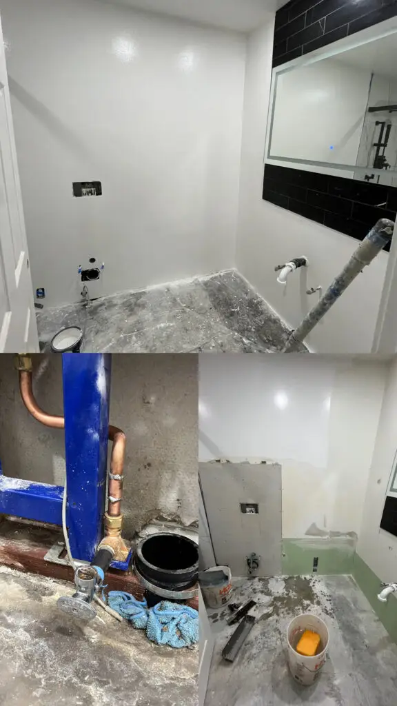 Water leak bathroom wall repair in Corona, CA with drywall, cement board, and flawless paint finish