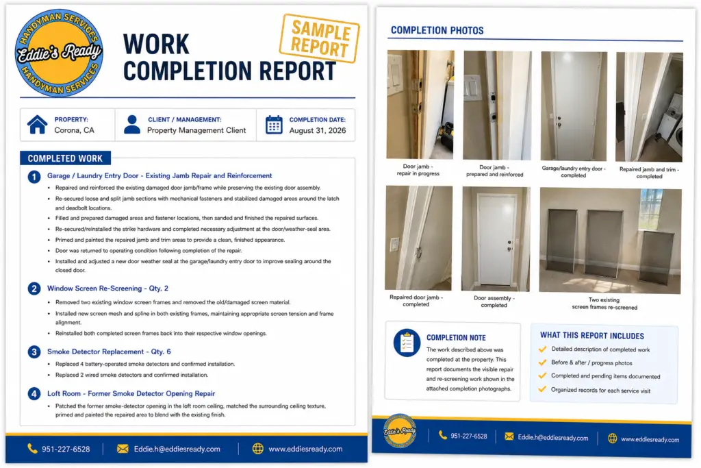 Property managers and rental owners can receive detailed work completion reports documenting the repairs performed, along with before-and-after photos when applicable.
